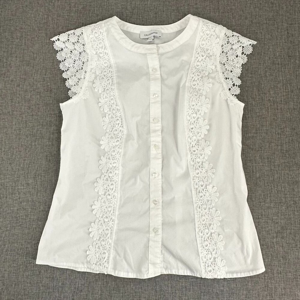 Calligraphie Button Down Top White Floral Embroidered detail Cap Sleeve Medium
